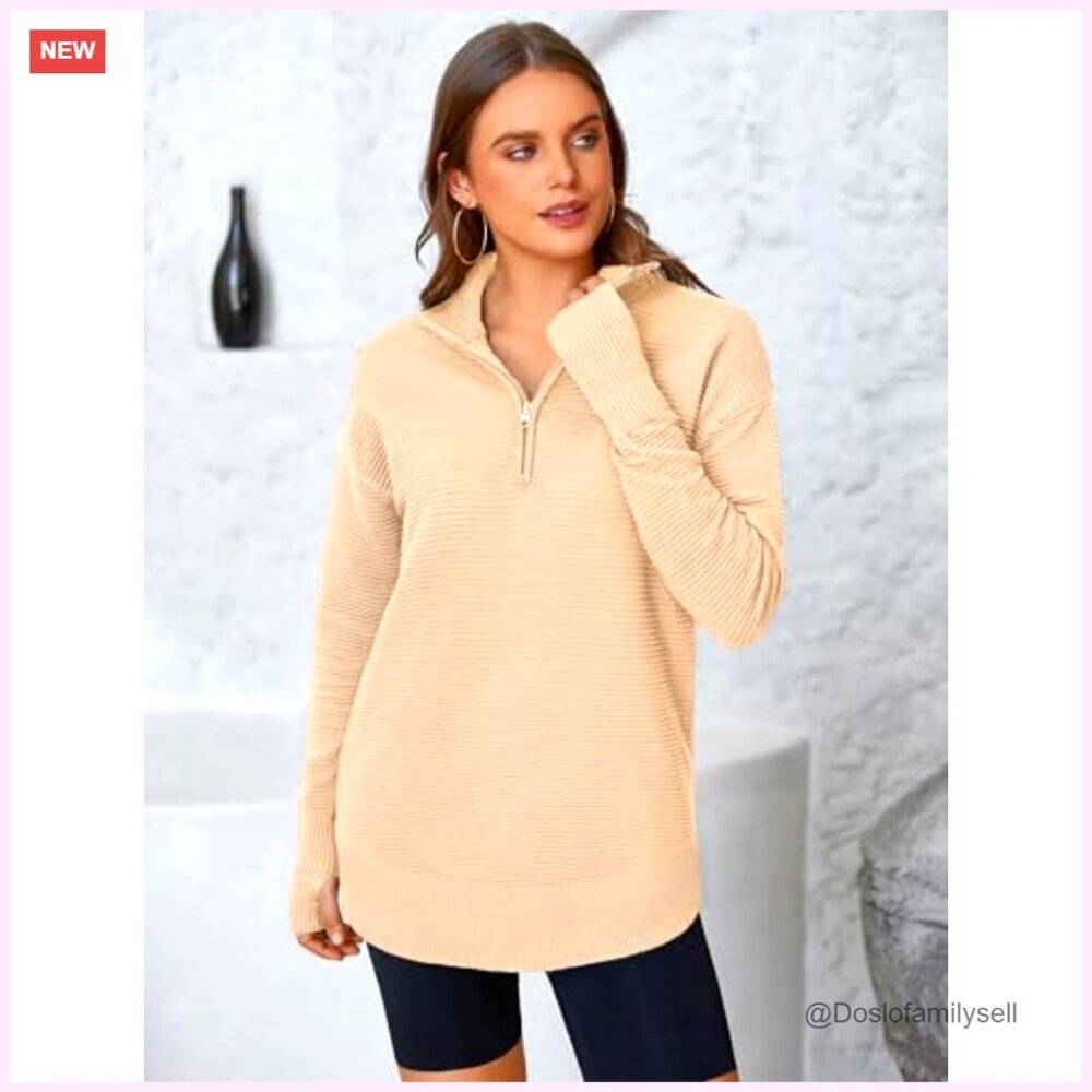 Long Sleeve Quarter Zip Pullover Sweater Ribbed Knit Thumb Hole Loose Fit - Picture 2 of 7